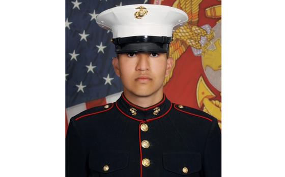 Portrait of a Marine in dress uniform and hat in front of U.S. and Marine flags.