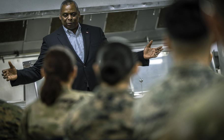 Secretary of Defense Lloyd Austin visits with service members assigned to Camp Navarro in Zamboanga, Philippines, Wednesday, Feb. 1, 2023.