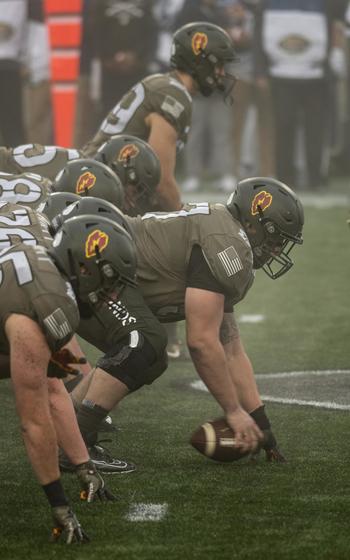 Army at the line of scrimmage during the 2020 Army-Navy game.