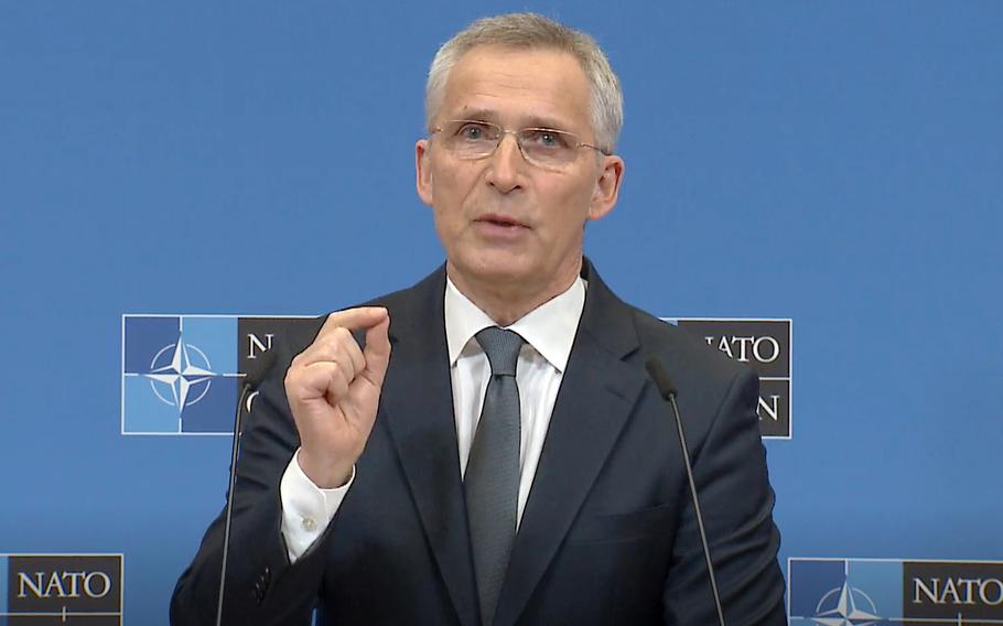 NATO Secretary-General Jens Stoltenberg speaks to reporters at the organization's headquarters in Brussels, April 5, 2022, ahead of Wednesday's foreign ministerial meeting, which U.S. Secretary of State Antony Blinken will attend.