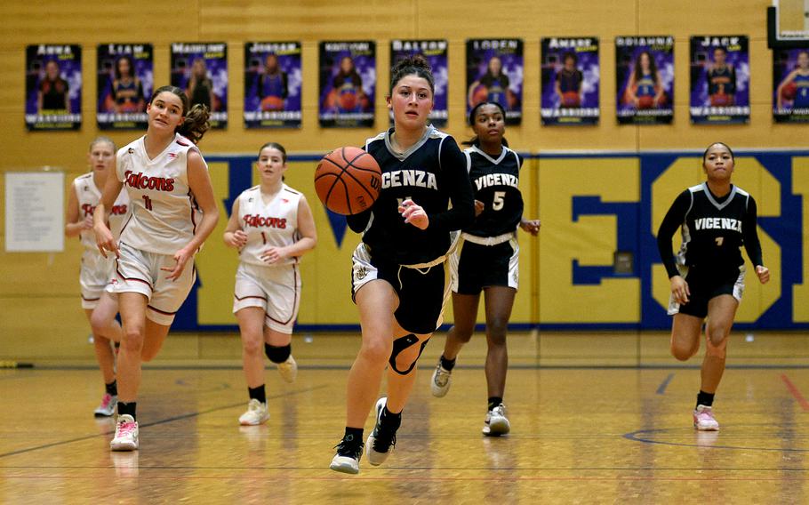 Vicenza guard Kayla Steimle heads to the hoop on the fast-break following an AOSR turnover during a Division II semifinal at the DODEA European Basketball Championships on Feb. 16, 2024, at Wiesbaden High School in Wiesbaden, Germany.