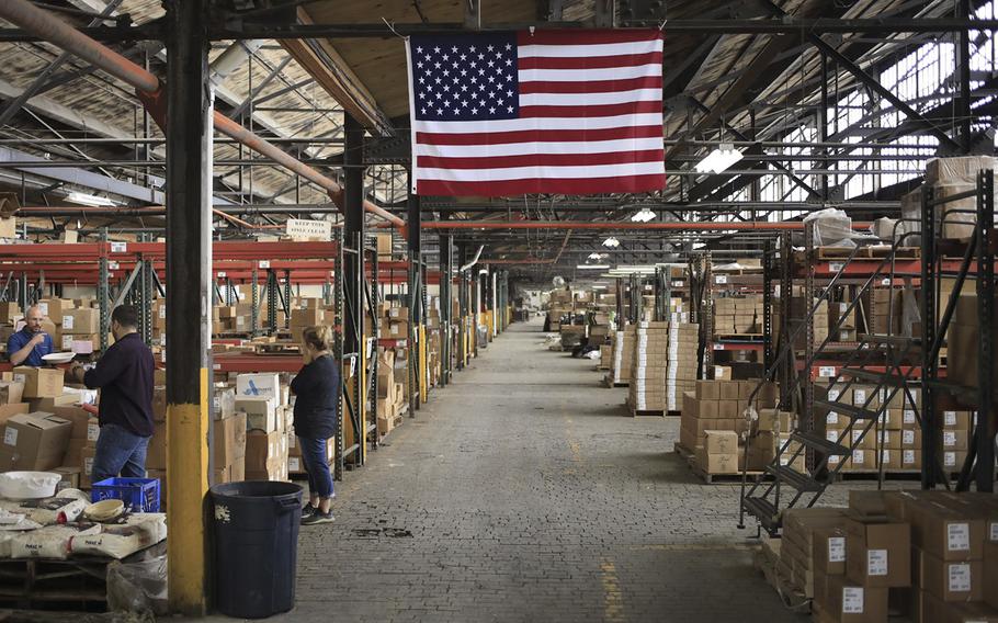 A U.S. flag in a warehouse at the Fiesta Tableware Co. factory in Newell, West Virginia, as seen on July 22, 2021. 