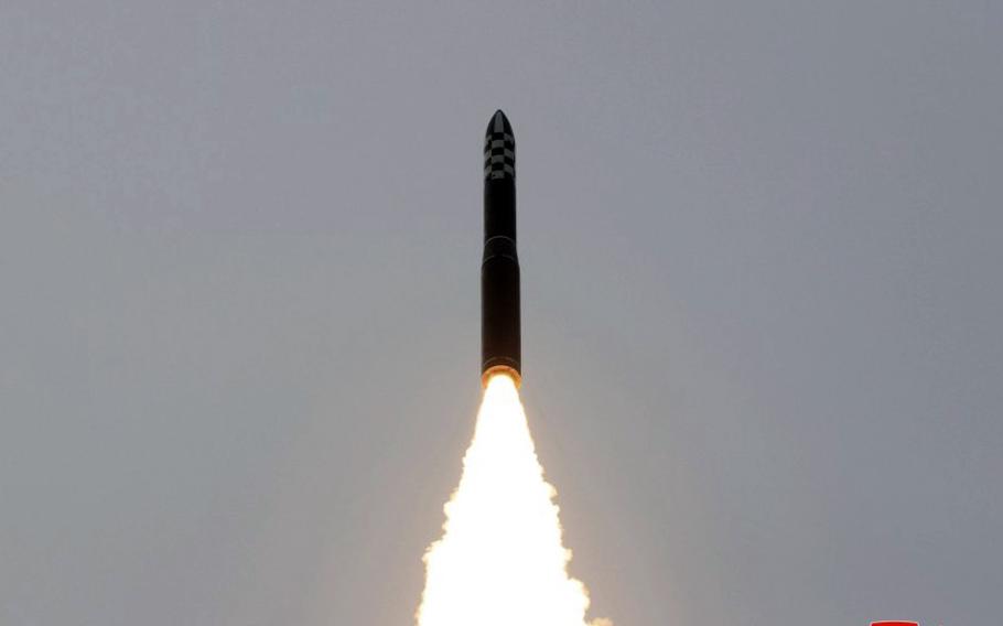 North Korea launched a solid fueled Hwasong-18 intercontinental ballistic missile, April 13, 2023, according to the state-run Korean Central News Agency.