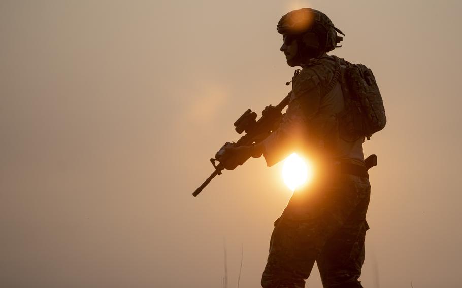 An airman with the New Jersey Air National Guard participates in a training exercise at Joint Base McGuire-Dix-Lakehurst, N.J. in 2019. Air Force special warfare recruits can earn up to $50,000 in bonus payments when signing up for a six-year contract.