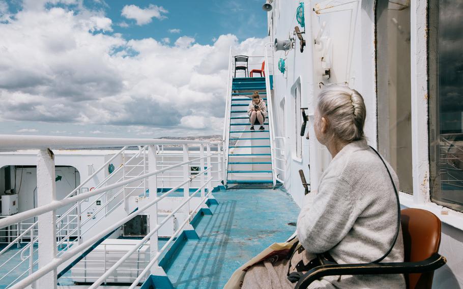 On the deck of the ferry Méditerranée, which is docked in the port of Marseille and serving as temporary housing for more than 800 Ukrainian refugees.