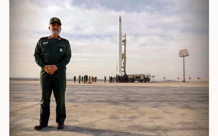 Amirali Hajizadeh, head of the aerospace division of the Revolutionary Guards, stands before a launch of the first military satellite named Noor into orbit by the Iran’s Revolutionary Guards Corpse, in Semnan, Iran April 22, 2020. 