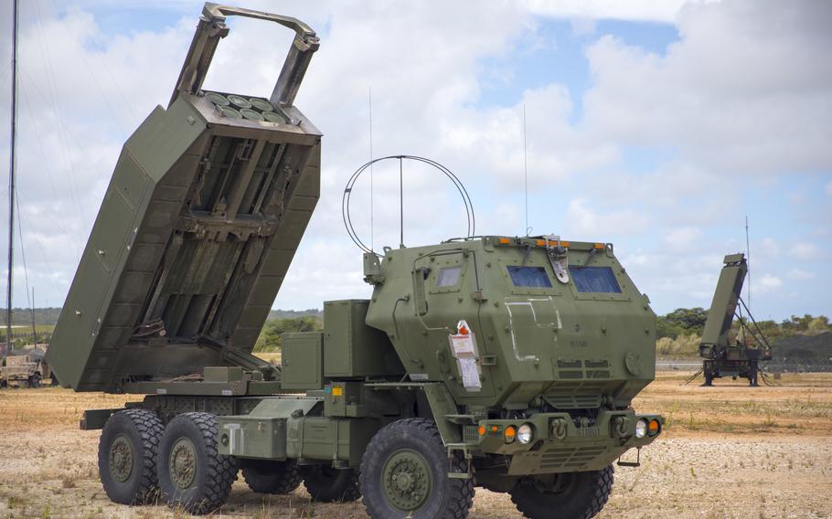 U.S. Marines with 5th Battalion, 11th Marine Regiment set up an M142 High Mobility Artillery Rocket System 18 at Andersen Air Force Base, Guam, June 13, 2022. Ukraine has received eight advanced U.S.-supplied HIMARS long-range artillery systems in recent weeks.