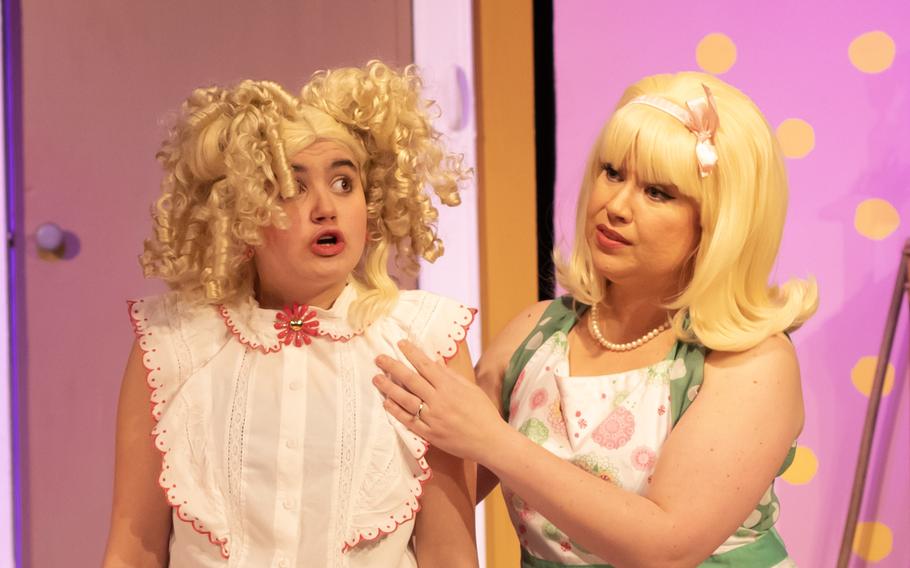 Actresses playing Tina Denmark, a girl who has curly blond pigtails, and Judy Denmark, a mother with a perfect blond bob, in “Ruthless!” 