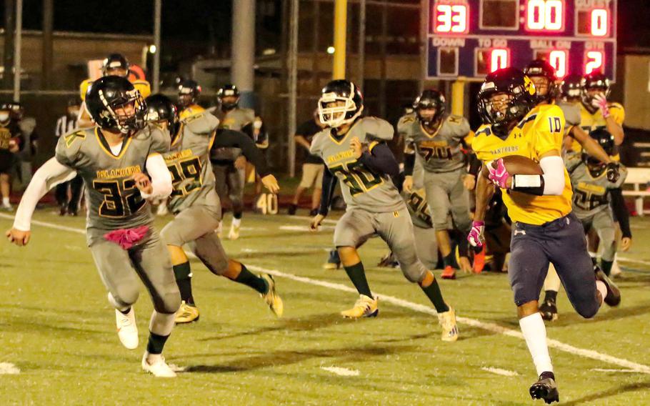 Panthers running back Alex Gallego runs for one of his two touchdowns.