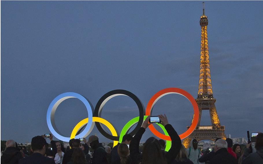 The Olympic rings are set up on Trocadero plaza in Paris, on Sept. 14, 2017, a day after the official announcement that the 2024 Summer Olympic Games will be in the French capital.