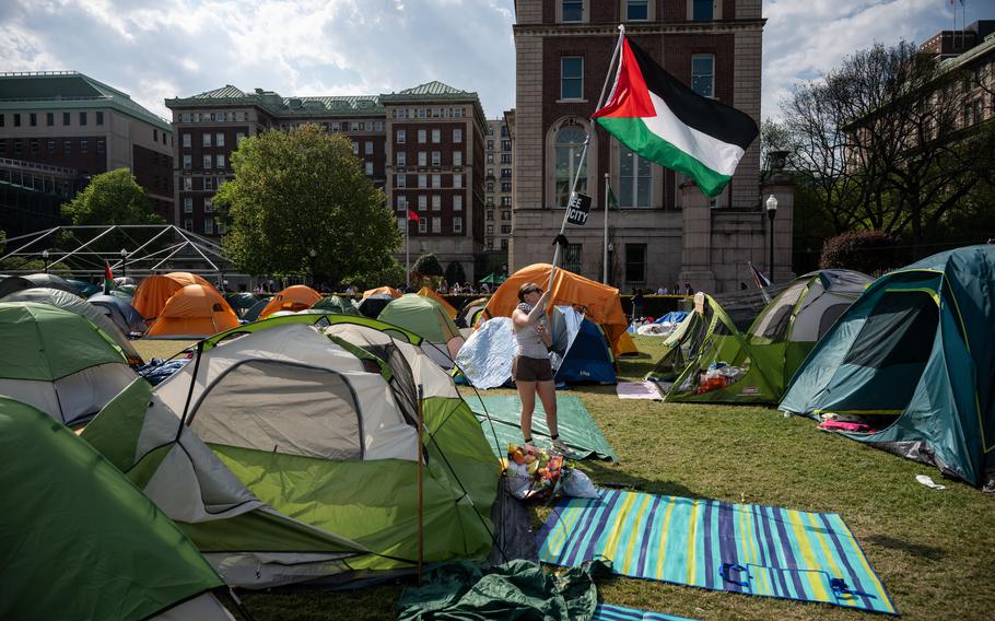 Student protesters demonstrate against the war in Gaza at Columbia University in New York on Monday, April 29, 2024.
