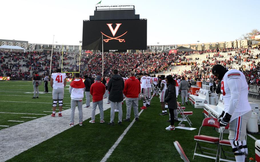 The University of Virginia logo is seen on the scoreboard before an NCAA college football game between Maryland and Ohio State, Saturday, Nov. 19, 2022, in College Park, Md. 