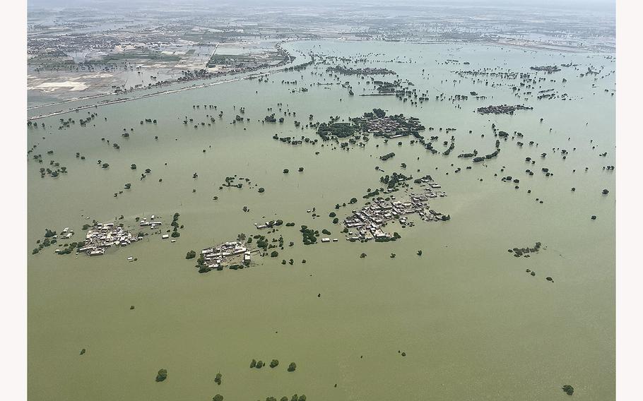 Flooding in Dadu district, Sindh province, one of the worst hit parts of Pakistan where nearly a third of the country is underwater and more than 33 million people have been affected. 
