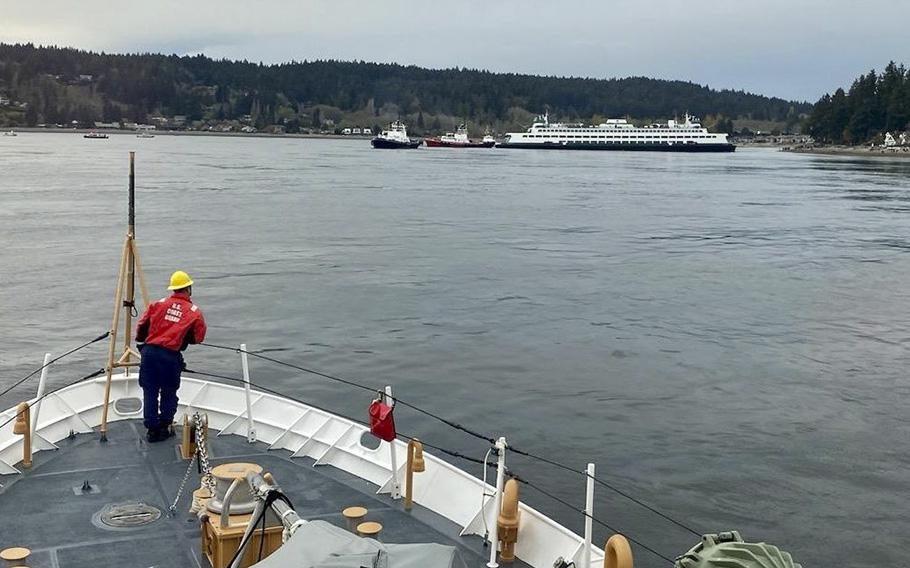 Coast Guard crews and vessels responded to the grounding of the Washington State Ferry Walla Walla in Rich Passage, on Saturday, April 15, 2023.