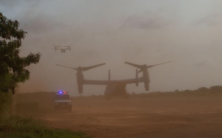 An MV-22 Osprey takes off.