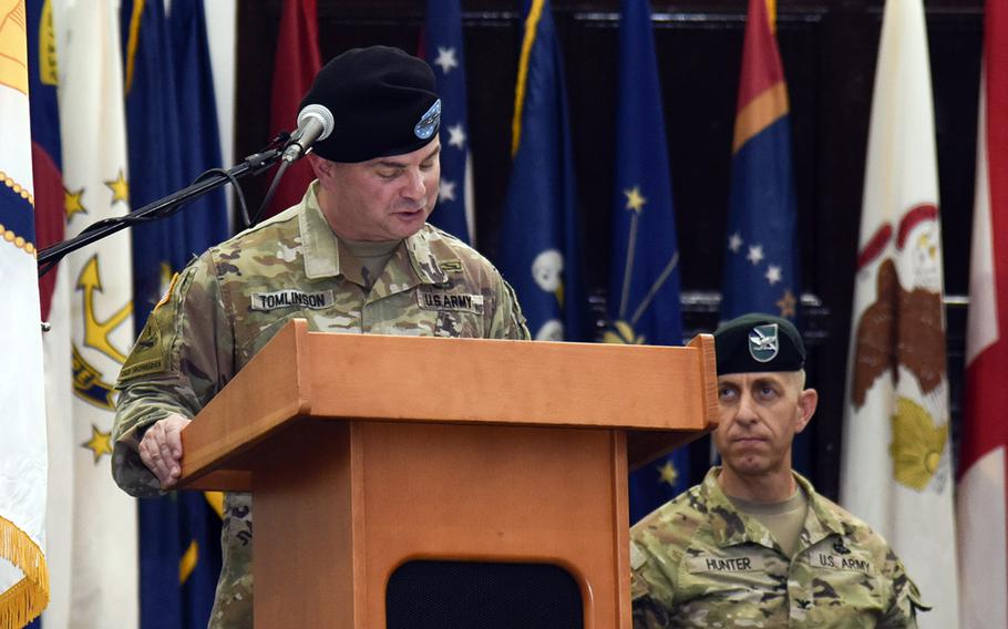 U.S. Army Garrison Japan's outgoing commander, Col. Christopher Tomlinson, speaks during a change-of-command ceremony at Camp Zama, Friday, July 7, 2023.