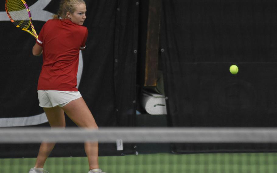 Kaiserslautern’s Stella Schmitz won her semifinal match at the DODEA European tennis championships on Friday, Oct. 21, 2022, in Wiesbaden, Germany. Schmitz, a sophomore, will go after her first individual European tennis title on Saturday.