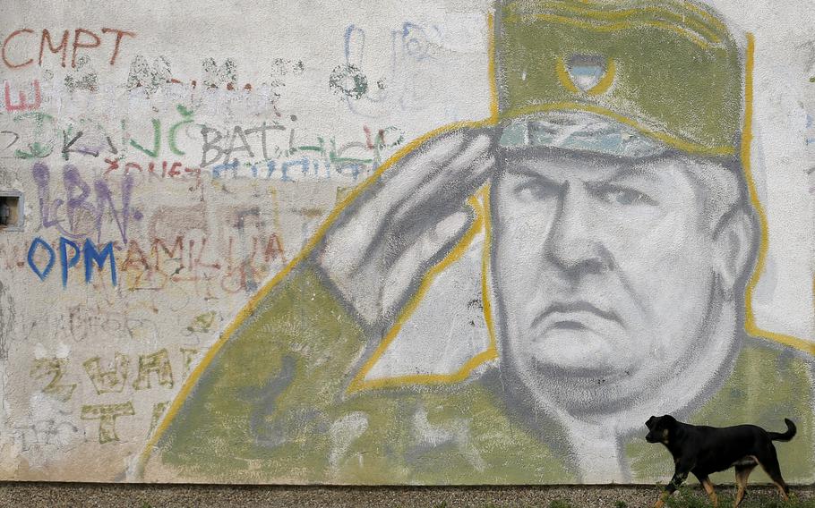 A dog walks past a mural depicting former Bosnian Serb Gen. Ratko Mladic decorating a the wall of an apartment building in Belgrade, Serbia, on Nov. 7, 2017. U.N. judges on Tuesday, June 8, 2021, are set to deliver their final ruling on the conviction of former Bosnian Serb army chief Radko Mladic on charges of genocide, war crimes and crimes against humanity during Bosnia’s 1992-95 ethnic carnage.