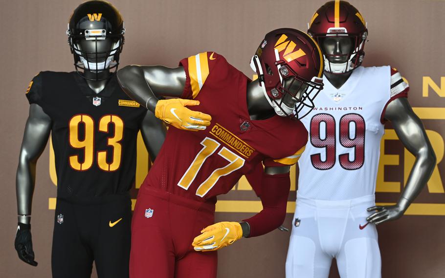 The uniforms of the Washington Commanders on display at a press event, revealing the new team name and brand identity at FedEx Field on Feb. 2, 2022.