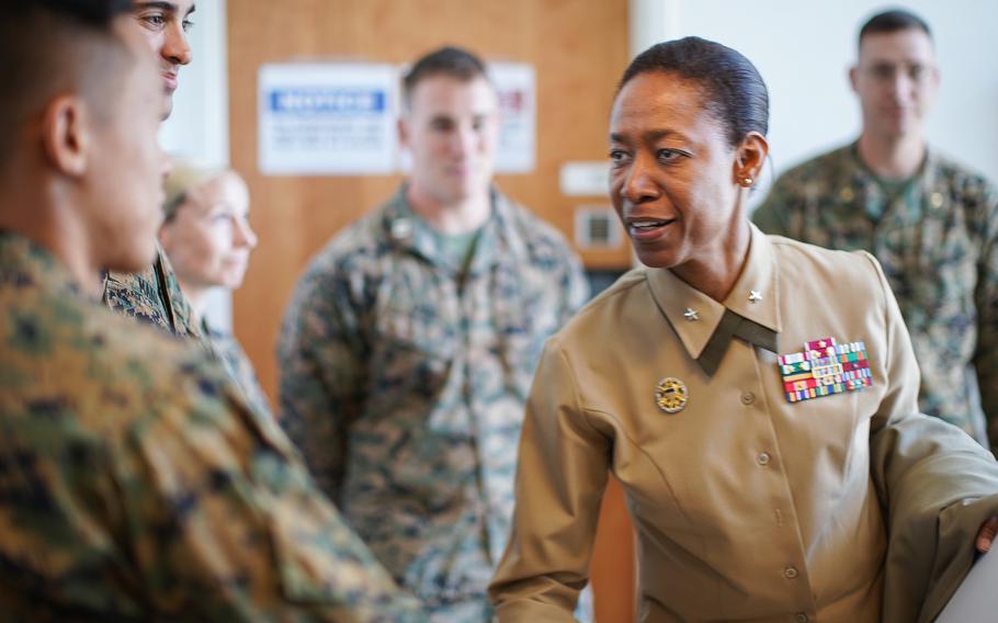 Marine Corps Brig. Gen. Lorna M. Mahlock (right) speaks in 2020 to Marines during a tour of Marine Corps Base Camp Pendleton, Calif.