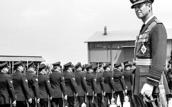 Lloyd Borguss ©Stars and Stripes
Soellingen Air Base, Germany, May 4, 1973: Britain's Prince Philip, in uniform as an air marshal of the Royal Air Force, participates in a ceremony marking 25 years of service by three squadrons of the Royal Canadian Air Force. Philip, the husband of Queen Elizabeth II, presented the colors to the 421st, 439th and 441st Tactical Fighter Squadrons.