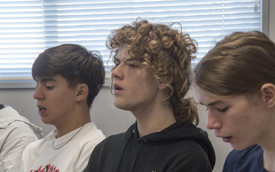 Noah Kruse, center, sings “Till There Was You,” from the musical “The Music Man,” at the Taiyo Community Center on Yokota Air Base, Japan, onl Nov. 16, 2022. 