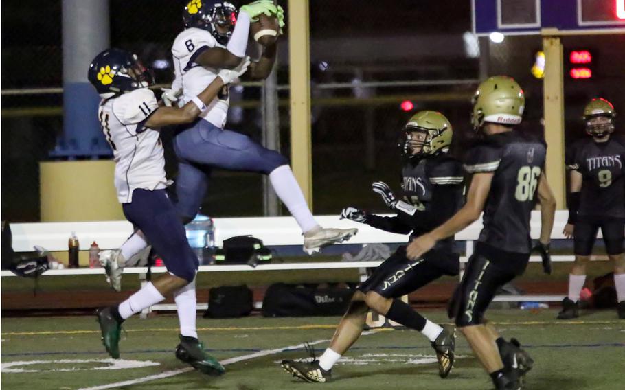 In addition to two touchdown catches, Ben Harris also intercepted a pass for Guam High against Tiyan.