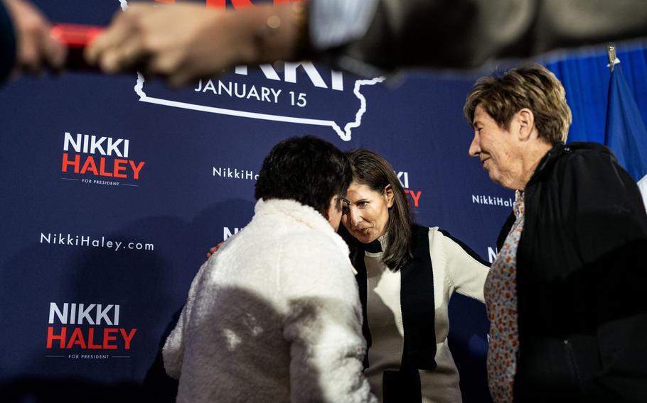 Nikki Haley meets Iowans during a town hall gathering in Sioux City, Iowa, on Dec. 8, 2023. 