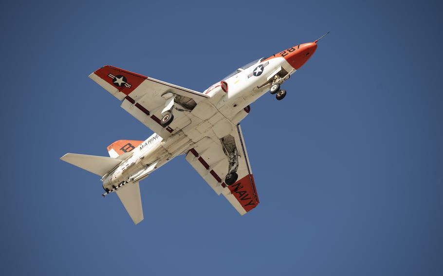 A T-45C Goshawk jet trainer aircraft in Kingsville, Texas, Nov. 19, 2020. A T-45C Goshawk jet crashed around Sunday, Sept. 19, 2021, in Lake Worth, Texas, during a routine training flight from Corpus Christi International Airport.