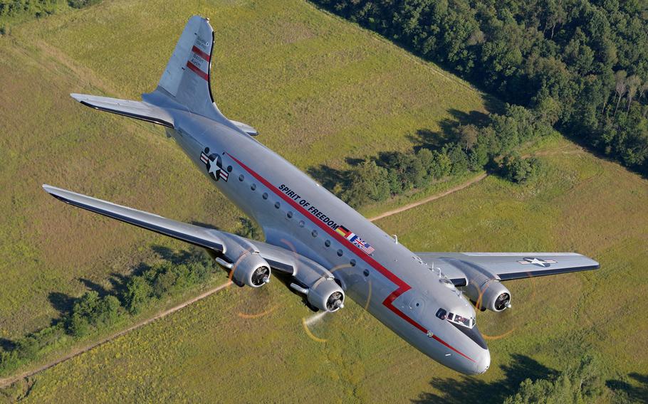 C-54 “Spirit of Freedom” in-flight during a training mission near Warsaw, Indiana in August 2014. The aircraft was damaged by a tornado at the Low Country Airport in Walterboro, S.C., in April 2020.