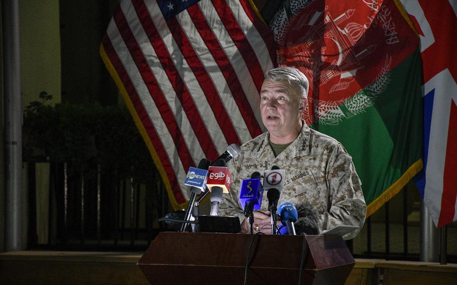 Marine Gen. Frank McKenzie, commander of U.S. Central Command and head of Afghan troops in Afghanistan, speaks to reporters at the former Resolute Support headquarters in Kabul, now called U.S. Embassy South, on July 25, 2021. McKenzie said the U.S. has accelerated its airstrike campaign against the Taliban in support of Afghan forces.