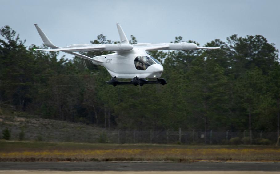 The Alia, an all-electric airplane, comes in for a landing at Eglin Air Force Base, Fla., Oct. 26, 2023. The plane will be put through its paces over the next few months by the 413th Flight Test Squadron.