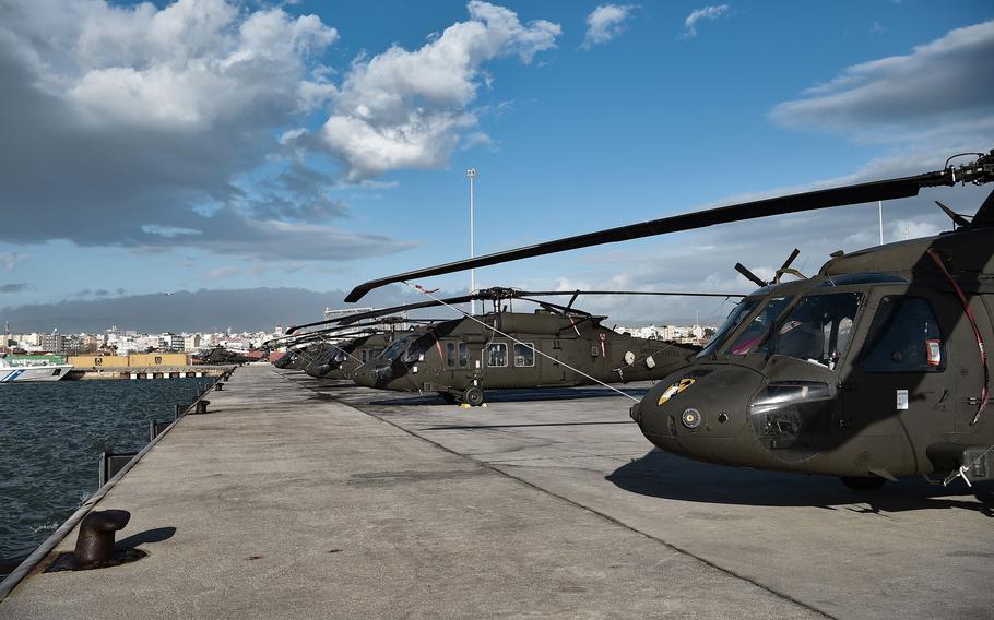 U.S. Army helicopters are parked in the port of Alexandroupoli, Greece, on Dec. 3, 2021. 