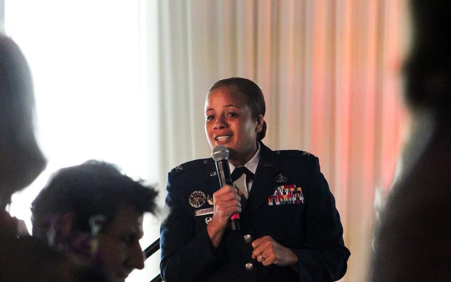 Col. Eries L. G. Mentzer gives the keynote speech at the 2023 Women Who Shape The State event in Birmingham, Ala. on March 8, 2023.