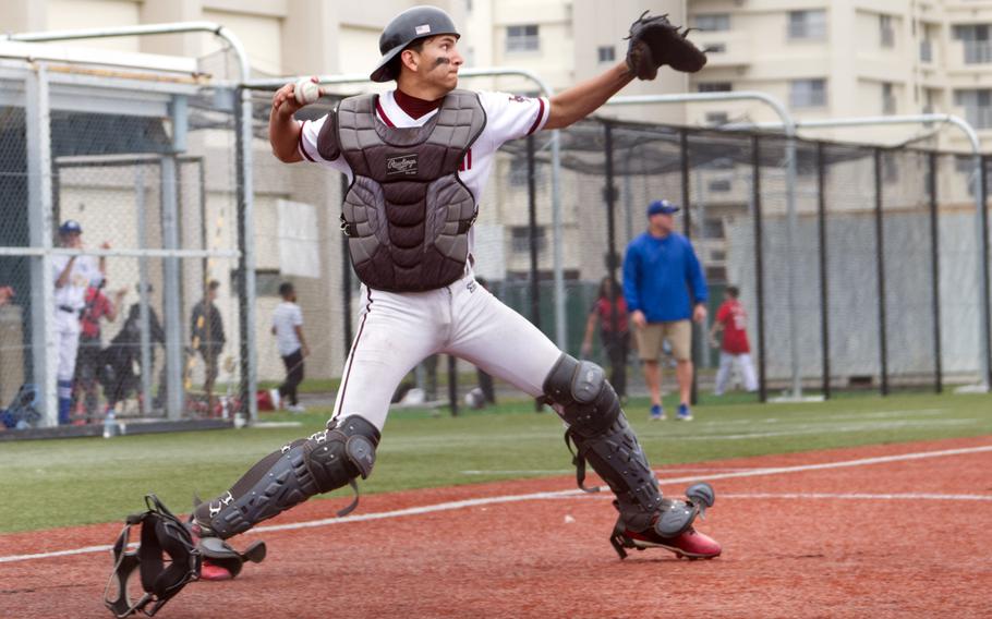 Matthew C. Perry’s Nicko Elizondo gets ready to gun down a Yokota baserunner during Thursday’s All-DODEA-Japan baseball tournament. The Samurai won 3-1.