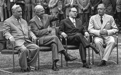 DIFFERENT VERSION USED IN 2017
Ted Rohde/Stars and Stripes
Geneva, Switzerland, July, 1955: President Dwight D. Eisenhower appears to be in a good mood during a four-power summit meeting, the first since the Potsdam Conference of 1945. Eisenhower met with Soviet Premier Nikolai A. Bulganin, French Premier Edgar Faure and British Prime Minister Anthony Eden, left to right, in an event that was viewed as an indicator of the easing of Cold War tensions.