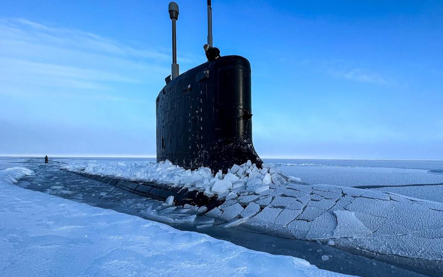 The submarine USS Illinois surfaces in the Beaufort Sea on March 5, 2022, kicking off Ice Exercise.