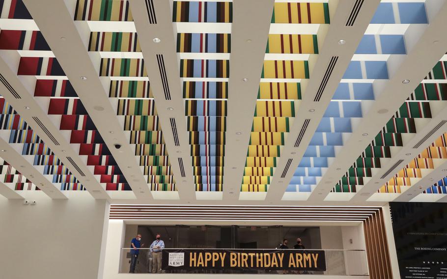 Glass panels matching the Army’s campaign streamers line the ceiling in the lobby of the National Museum of the United States Army on its reopening day (and the service's 246th birthday), June 14, 2021.