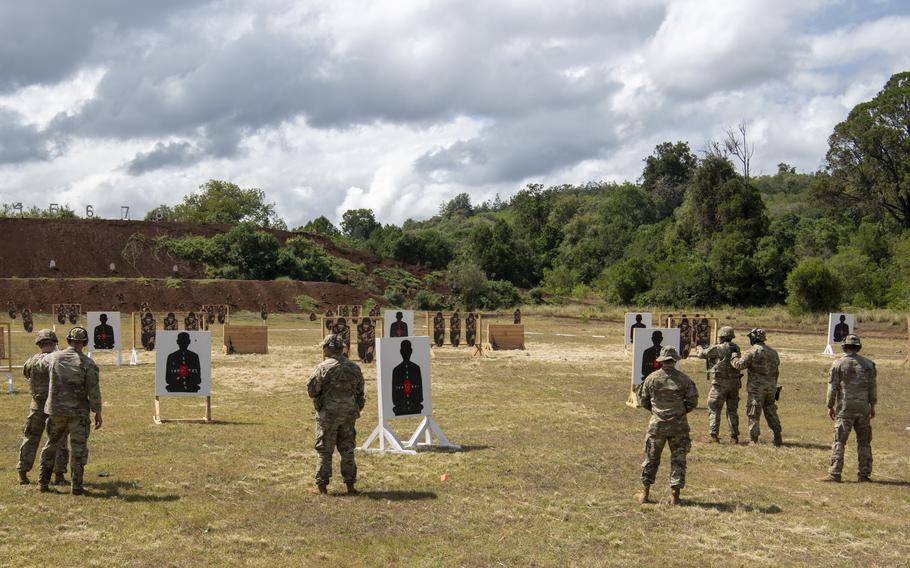 A group of Massachusetts National Guardsman with the 772nd Military Police Company conduct less-lethal weapons training during Justified Accord 2024 at the Counter Insurgency Terrorism and Stability Operations Training Centre, Nanyuki, Kenya, Wednesday, Feb. 28, 2024.