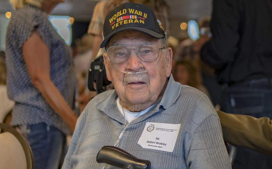 World War II veteran Robert Brakley, drafted in 1943 as an Army combat engineer, attends a rodeo event in Colorado Springs, Colo., on July 13, 2022. Brakley celebrated his 100th birthday on Friday, Dec. 30.