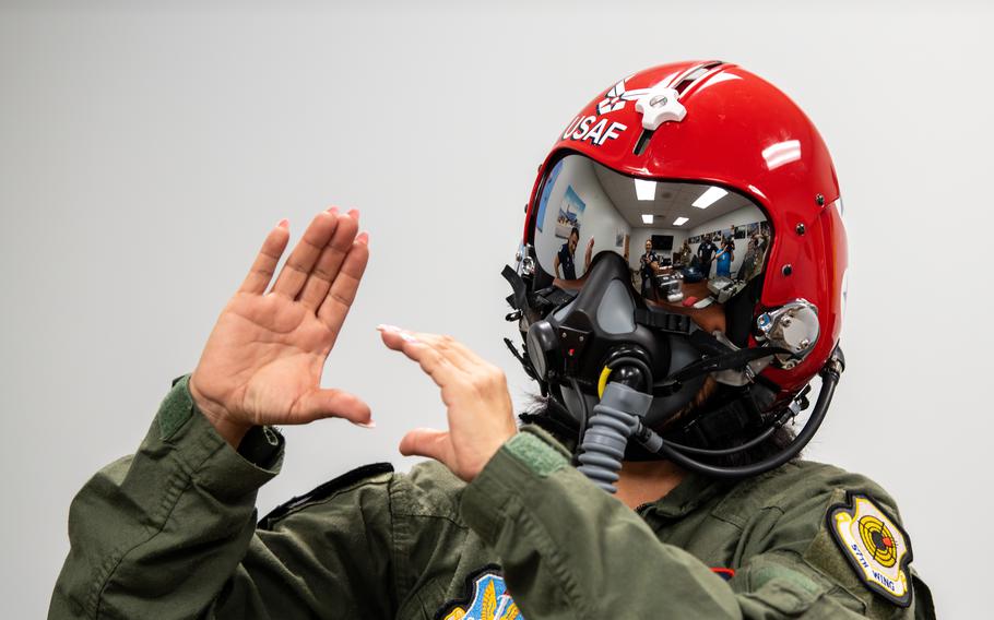 Teresa Chrapkiewicz, Thunderbirds’ Hometown Hero, poses for a photo while getting fitted for her flight suit during the Charleston Airshow at Joint Base Charleston, S.C., Friday, April 19, 2024. 