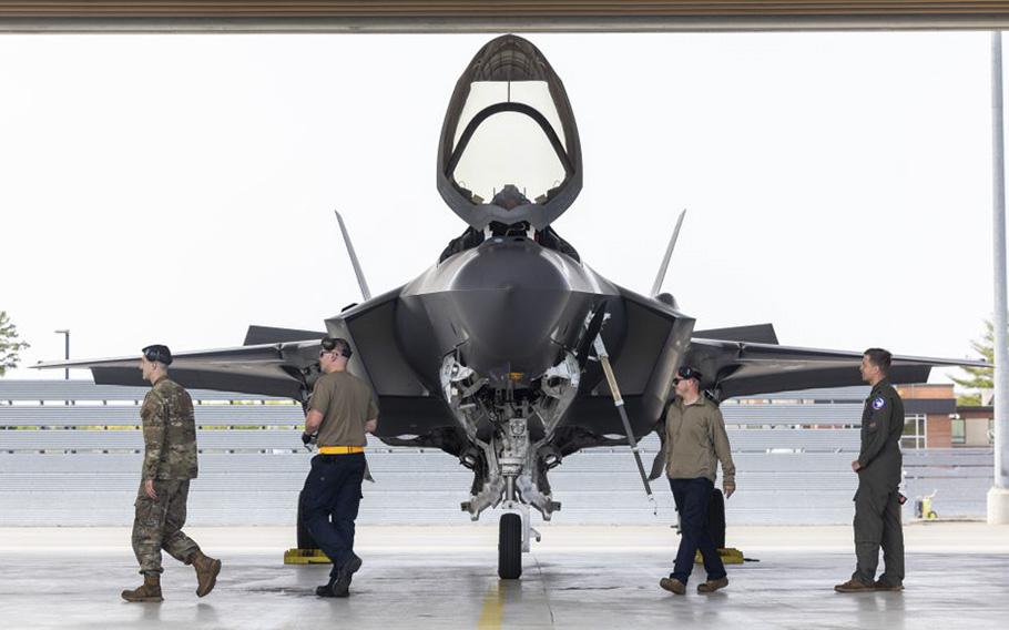 An F-35A Lightning II fighter jet arrives at Westfield Barnes Air National Guard Base on May 9, 2023.  