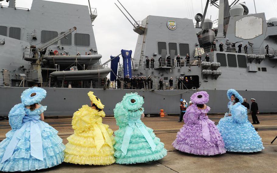 Azalea Trail Maids welcome the destroyer USS James E. Williams to Mobile, Ala., on May 1, 2019, part of Navy Week festivities during Mardi Gras.