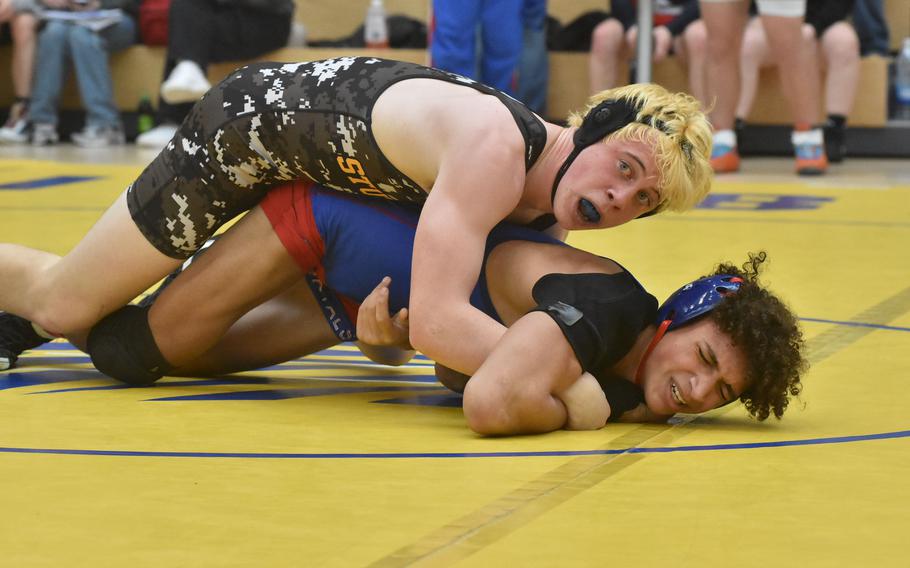 Stuttgart’s Andrew Morrow decisioned Ramstein’s Christian Spruill at 150 pounds Friday, Feb. 9, 2024, at the DODEA European Wrestling Championships in Wiesbaden, Germany.