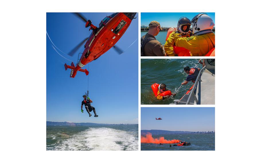 At left, a Coast Guard rescue diver lowers himself from a Eurocopter MH-65 Dolphin during a Search and Rescue Exercise in California’s San Francisco Bay on Aug. 17, 2023. At right from top to bottom: Air Force Capt. Kyle Carver, a U-2 Pilot with the 99th Reconnaissance Squadron gets help adjusting and sealing his suit at Yerba Buena island; Carver grabs hold of a rescue pole extended by Coast Guard Seaman Ethan Carter; and members of Beale Air Force Base signal to Coast Guard San Francisco Sector Search and Rescue team for evacuation from the San Francisco Bay.