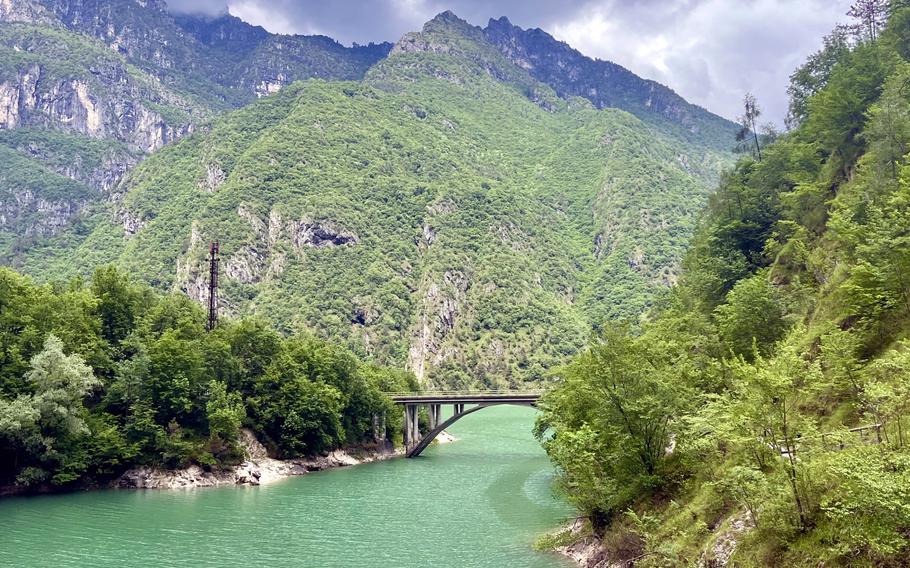 The Lake Mis-Val Falcina trail in the Dolomite Mountains of northern Italy has a stretch overlooking Lake Mis and this pre-World War I military road. 