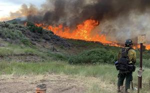 A man stands looking at a fire burning on a hill.