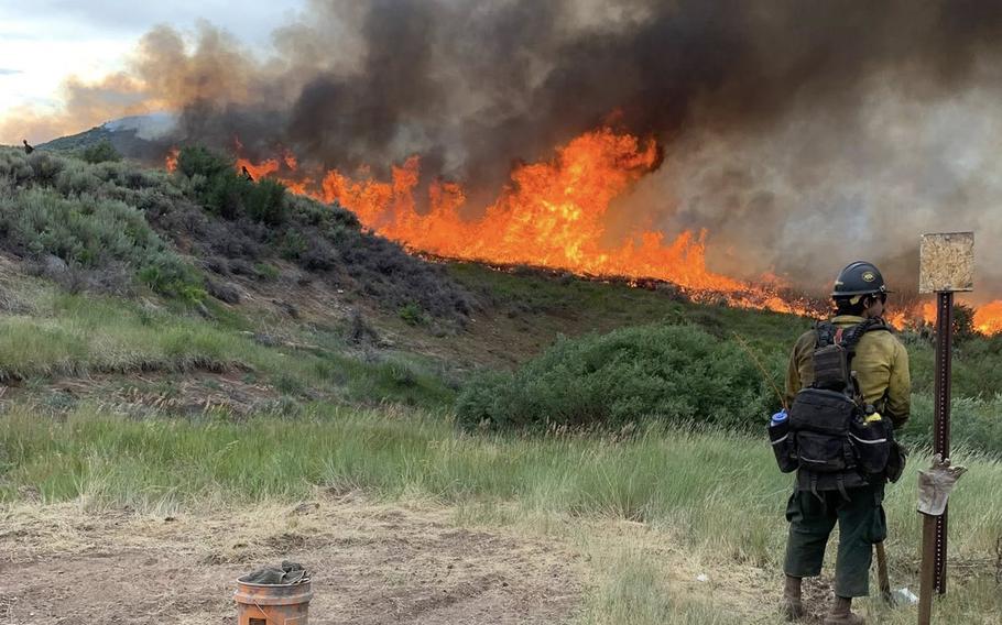 A man stands looking at a fire burning on a hill.