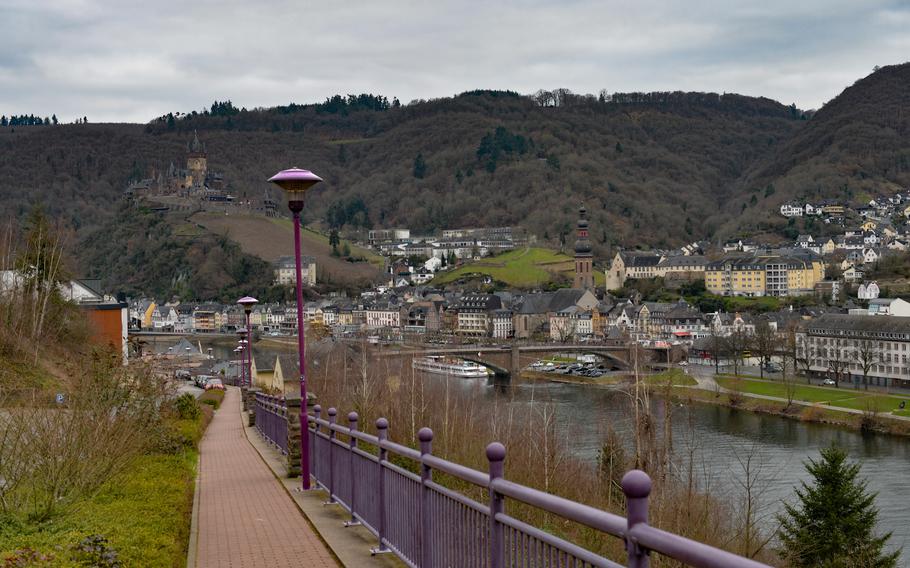 The footpath toward the Bundesbank Bunker Museum gives visitors a great view over Cochem, Germany. During the summer season, the museum can also be reached via shuttle bus from downtown. 