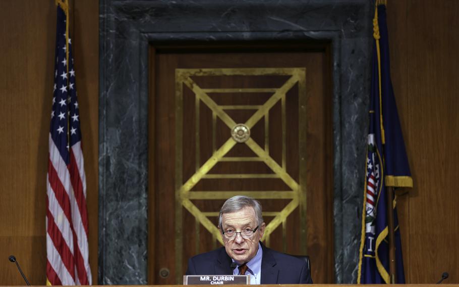 Committee Chairman Sen. Dick Durbin, D-Ill., gives opening remarks during a Senate Judiciary Committee hearing examining the Department of Justice on Capitol Hill in Washington, Wednesday, Oct. 27, 2021.
